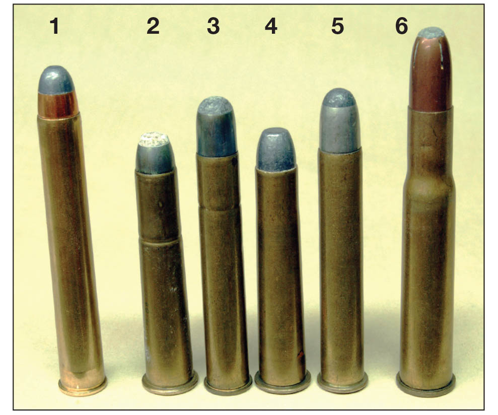 Cartridges shown include a (1) .400 Purdey 3-inch, (2) contemporary American .40-70, (3) .40-72, (4) .40-82, (5) .405 Winchester and a (6) .400 Jeffery Nitro Express.